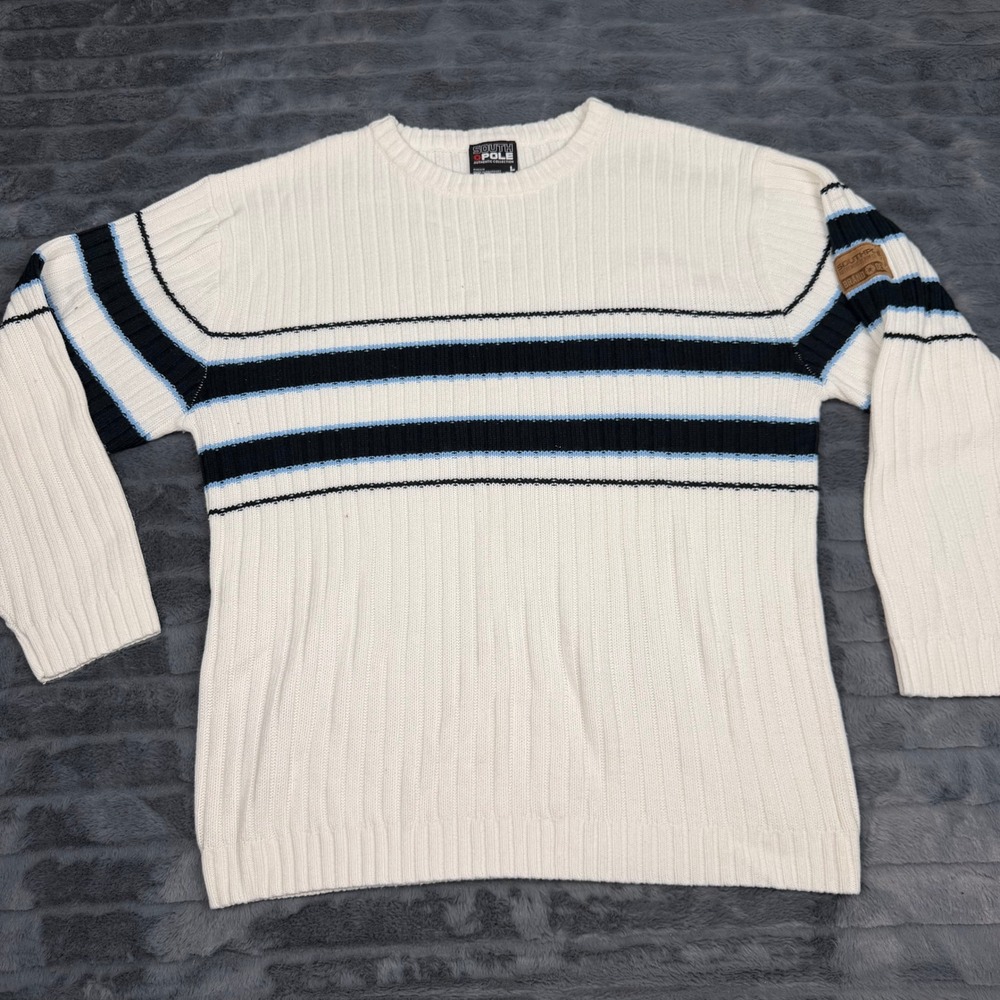 Southpole Mens Ribbed Knit Striped Crewneck Sweater White Blue Y2K Large 12621